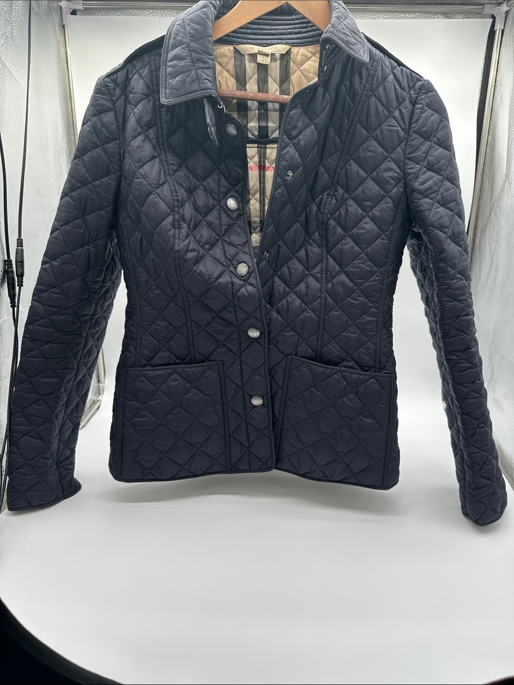 Burberry Women's Quilted Navy Jacket with Snap Front SP